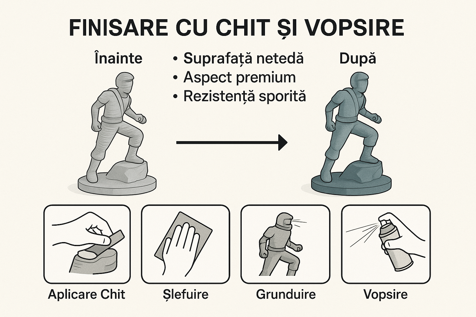 Finisare profesională pentru piese 3D: Chituire și Vopsire la Atelier 3D România
